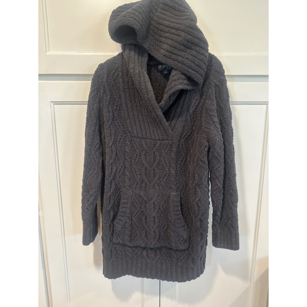 Barefoot Dreams CozyChic Cable Knit Hoodie Sweater Charcoal Gray Womens M flaw
